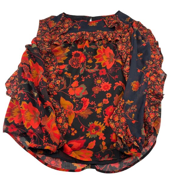 LOFT Women's Blouse size Medium Long Sleeves Black Red Orange Floral Career - Picture 1 of 6